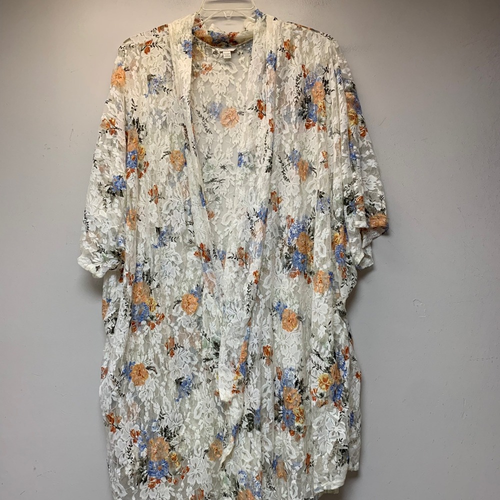 Est. 1946 Kimono Wrap Women 26/28W White Floral Lace Open Front Excellent